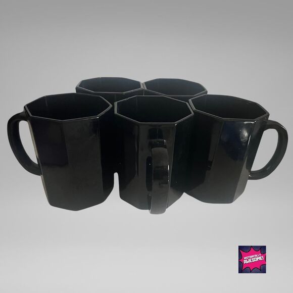 Arcoroc Octime Set of 5 Black Mugs - Made in France - A++ Vintage Condition - Picture 1 of 5